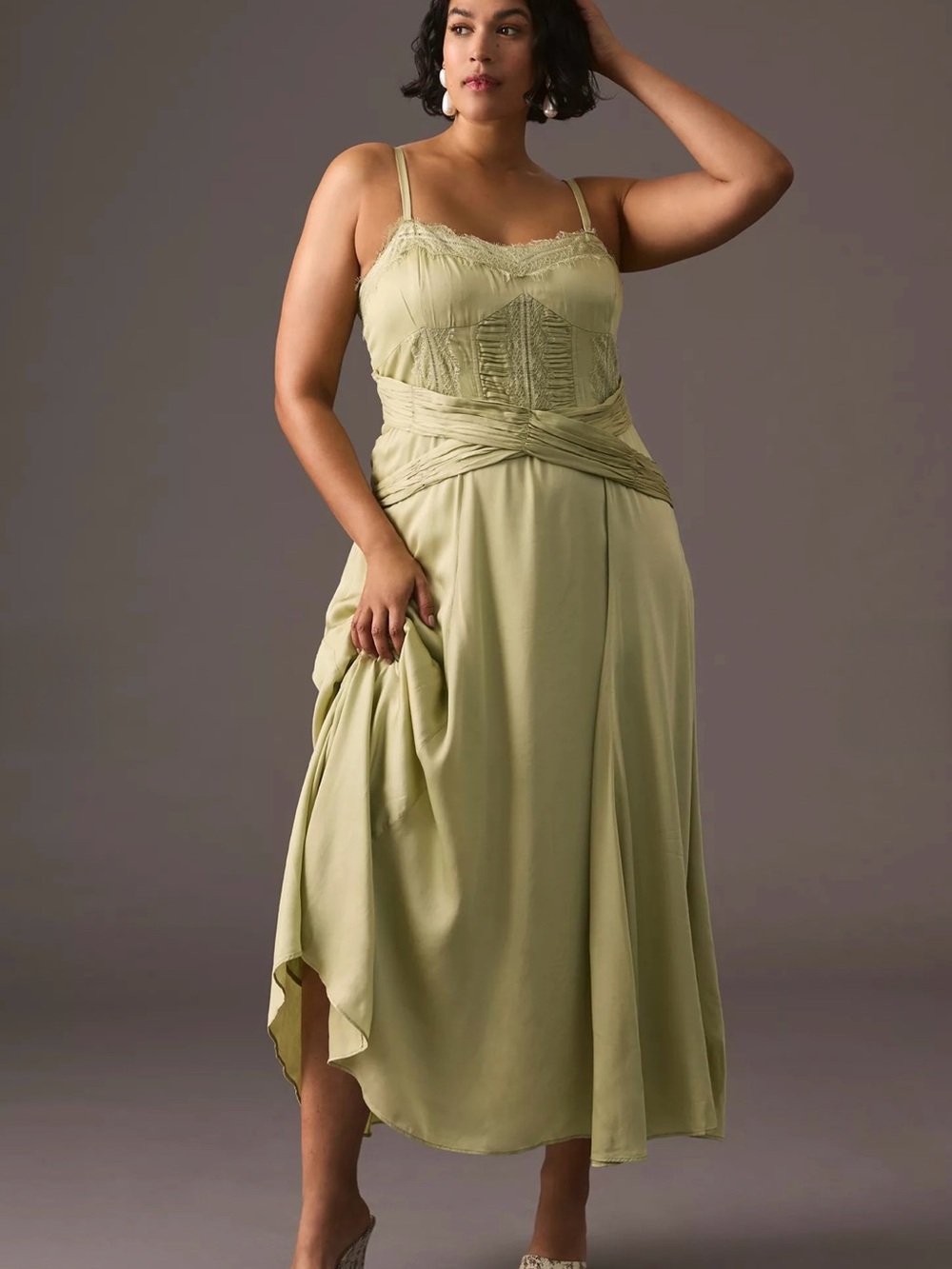 Anthropologie Let Me Be A-Line Lace-Trimmed Midi Dress Green Size 2X
